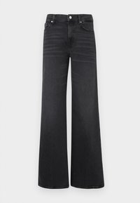 Mustad kõrge vöökohaga laiade jalgadega teksapüksid ees oleva nupu ja taskutega, esitatud valgel taustal.