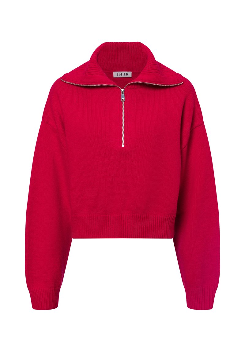 Roter, verkürzter Pullover mit hohem, geripptem Kragen und silbernem Halb-Reißverschluss. Strickstruktur mit weiten Ärmeln und enganliegendem Saum.