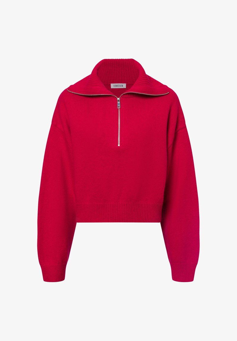 Rode cropped trui met een hoge, ribbelige kraag en een zilveren halve rits. Gebreide textuur met brede mouwen en een aansluitende onderrand.