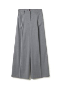 Grijze wijde broek met een textuurstof, voorzien van frontplooien en een aansluitende tailleband. Het ontwerp is nauwkeurig afgewerkt met een strakke afwerking.