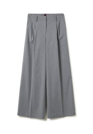 Graue weit geschnittene Hosen aus strukturiertem Stoff, mit vorderen Falten und einem taillierten Bund. Das Design ist maßgeschneidert mit einem sauberen Finish.