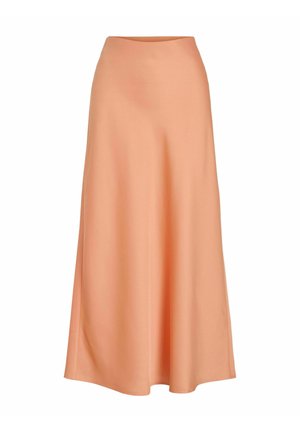 Persikofärgad, golvlång kjol av slätt tyg med hög midja och en odekorerad, flödande silhuett.