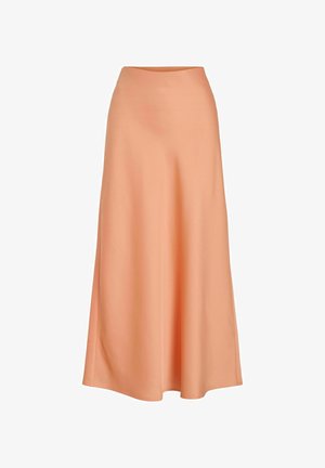 Persikofärgad, golvlång kjol av slätt tyg med hög midja och en odekorerad, flödande silhuett.