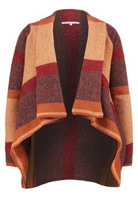 Vícebarevný kardigan s oranžovými, červenými a tmavě modrými pruhy, otevřený přední design, texturovaná pletená látka s jemným povrchem.