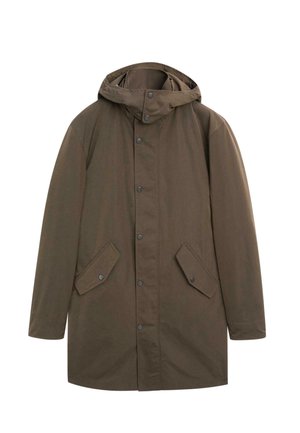 Brauner Parka mit Kapuze aus strukturiertem Stoff, mit Druckknopfverschluss, zwei schräg angesetzten Seitentaschen und geradem Saum.