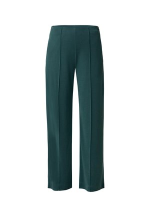 Pantaloni larghi verdi realizzati in tessuto morbido. Presentano pieghe frontali e una vita sagomata. Senza chiusure visibili o tasche.