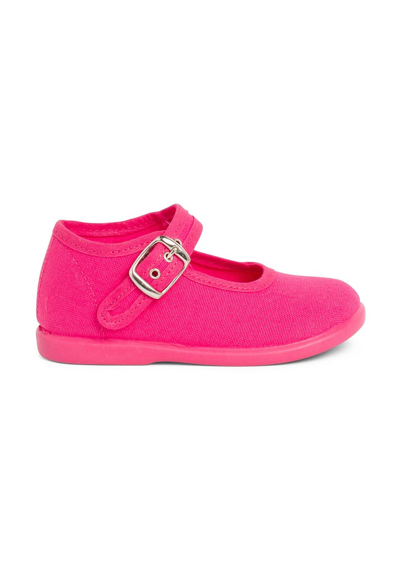 Rosa Leinenschuh im Mary-Jane-Stil mit abgerundetem Zehenbereich, verstellbarem Riemen und Gummisohle. Das Design zeichnet sich durch eine glatte Textur und ein einfaches Schnallendetail aus.