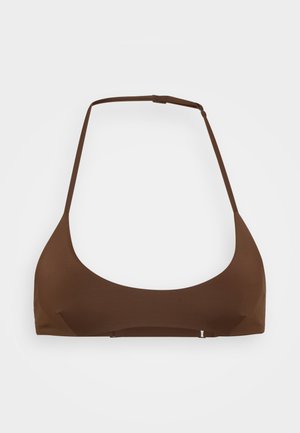 Brown halter-style bikini top with thin straps, seamless design, and a smooth texture. No patterns or hardware details present.
