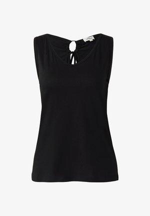 Čierny bezrukávový top s okrúhlym výstrihom a šnurovaním na chrbte. Vyrobený z mäkkej látky, s hladkou textúrou a uvoľneným strihom.