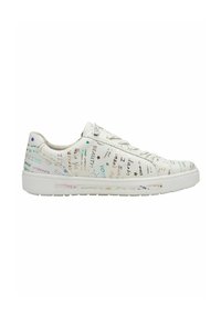Weiße Sneakers mit mehrfarbigen handgeschriebenen Worten und Symbolen über die Oberfläche, mit einer strukturierten Oberfläche und flacher Gummisohle.