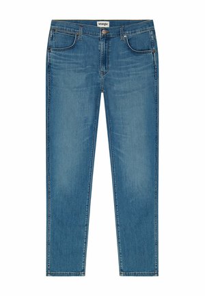 Niebieskie dżinsy o prostym kroju, z pięcioma kieszeniami, z suwakiem i zapięciem na guzik. Jasny odcień z delikatnym wyblaknięciem i przeszytymi akcentami.