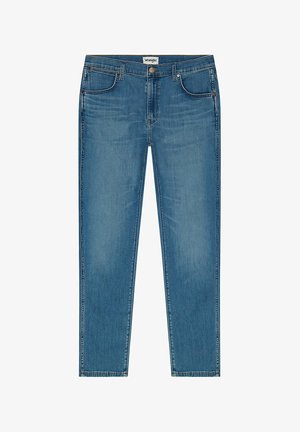 Niebieskie dżinsy o prostym kroju, z pięcioma kieszeniami, z suwakiem i zapięciem na guzik. Jasny odcień z delikatnym wyblaknięciem i przeszytymi akcentami.