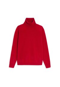 Roter Rollkragenpullover aus weichem Strickstoff, mit einem hohen gerippten Kragen sowie gerippten Bündchen und Saum für eine enganliegende Passform.
