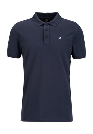 Navy blue polo shirt in cotton blend with a classic collar, three button placket, and small white logo on the chest. Short sleeves, no patterns.