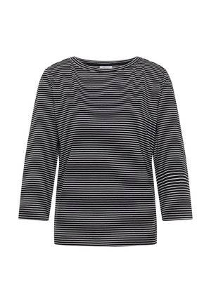 Czarny i biały top w paski z rękawami sięgającymi do łokci, okrągłym dekoltem oraz gładkim, elastycznym materiałem. Ten element wyróżnia się klasycznym wzornictwem.