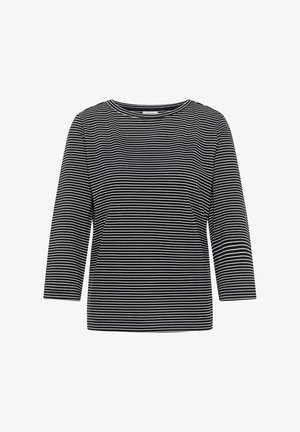 Raitapaita mustavalkoisena, jossa on kolme neljäsosaa hihat, pyöreä pääntie ja sileä, venyvä kangas. Tässä tuotteessa on klassinen muotoilu.