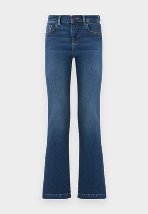 Jeans albastri din denim, cu picior puțin evazat, cinci buzunare, închidere cu nasture și șlițuri pentru curea, prezentați pe un fundal simplu.