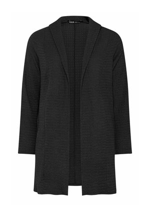 Lange zwarte cardigan met open voorkant, gestructureerde stof en lange mouwen, ontworpen voor casual of professioneel gebruik.