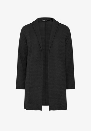 Langer schwarzer Cardigan mit offener Vorderseite, texturiertem Stoff und langen Ärmeln, entworfen für legere oder professionelle Kleidung.