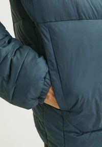 Chaqueta acolchada en verde azulado oscuro con un acabado texturizado. Incluye un bolsillo lateral y puños elásticos. Presenta un diseño acolchado para aislamiento.