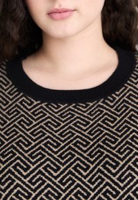 Pull en tricot avec un motif géométrique noir et beige, col rond noir et tissu texturé.