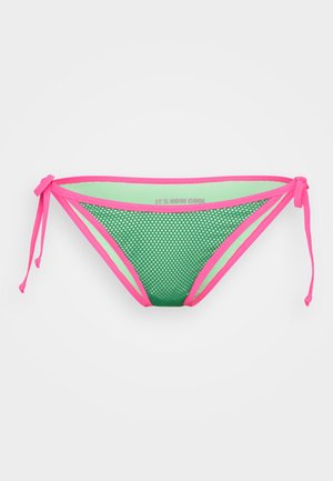 Green mesh bikini bottom featuring pink highlight accents, side ties, and "IT'S NOW COOL" text printed inside.