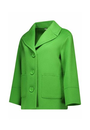Manteau en mélange de laine vert avec un col cranté, cinq boutons et deux poches avant. Présente un design ample et des manches de longueur épaule.