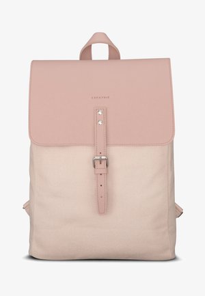 Rosa Leder- und Canvas-Rucksack mit strukturierter Form, oberer Klappe, vorderem Riemen und Schnalle, mit einem dezenten Markenlogo, das auf der Klappe geprägt ist.