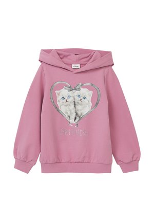 Rosa Hoodie aus weichem Baumwollstoff, mit einem Grafikdesign von zwei Kätzchen in Herzform und dem Wort "FREUNDE" sowie glitzernden Details.