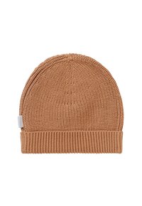Bonnet en tricot beige avec une texture côtelée. Présente un revers et une petite étiquette logo sur le côté. Matériau doux, conception légère.
