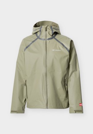 Light green waterproof hooded jacket with front zipper, zippered side pockets, adjustable cuffs, and Columbia logo on chest.