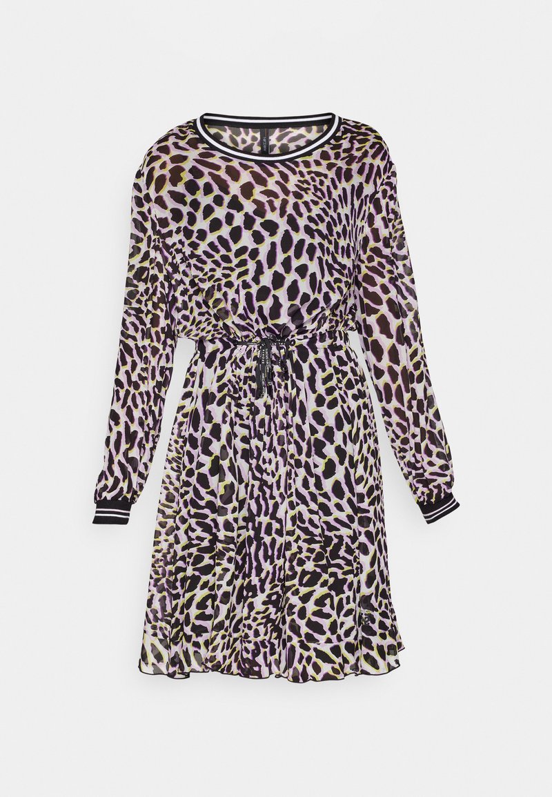 Long-sleeve dress featuring a purple and black leopard print, elastic waistband, round neck with black trim, and gathered cuffs.