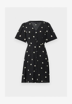 Svart kortermet kjole med hvite polkadotter, V-hals, knappelukking foran og lett utsvingt skjørt.