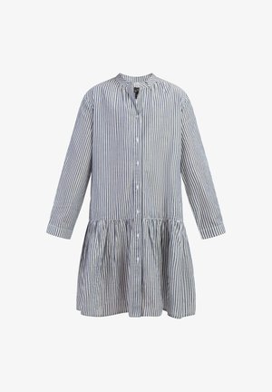 Csíkos, gombos ruházat hosszú ujjakkal, pliszírozott szoknyával. Könnyű anyagból készült, kék és fehér függőleges csíkokkal.