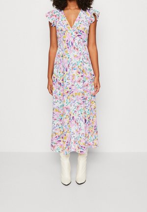 Blomstret maxikjole med dyb V-udskæring, korte flæseærmer og en blanding af rosa, blå og gule nuancer, afsluttet med en flydende silhuet.