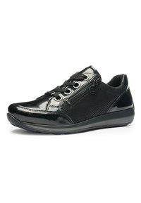 Black low-top sneaker with shiny patent leather, fabric sides, black laces, side zipper, and gray cushioned sole.