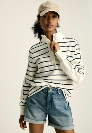 Gestreifter Pullover in Weiß und Marineblau mit Knopfleiste, getragen mit umgeschlagenen Jeansshorts. Beigefarbenes Basecap mit Logo. Glatte Textur über die gesamte Fläche.