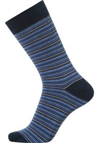 Stribede sokker i nuancer af blå, grå og navy. Har en ribbet kant og en glat tekstur. Designet inkluderer vandrette striber i varierende bredder.