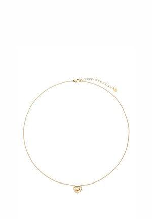 Collar delicado de cadena de oro con un pequeño colgante hueco en forma de corazón centrado y cierre ajustable con cadena extensible.