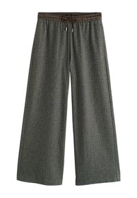 Wide-leg trousers in a herringbone pattern, made from a textured fabric. Features a brown elastic waistband with a drawstring.