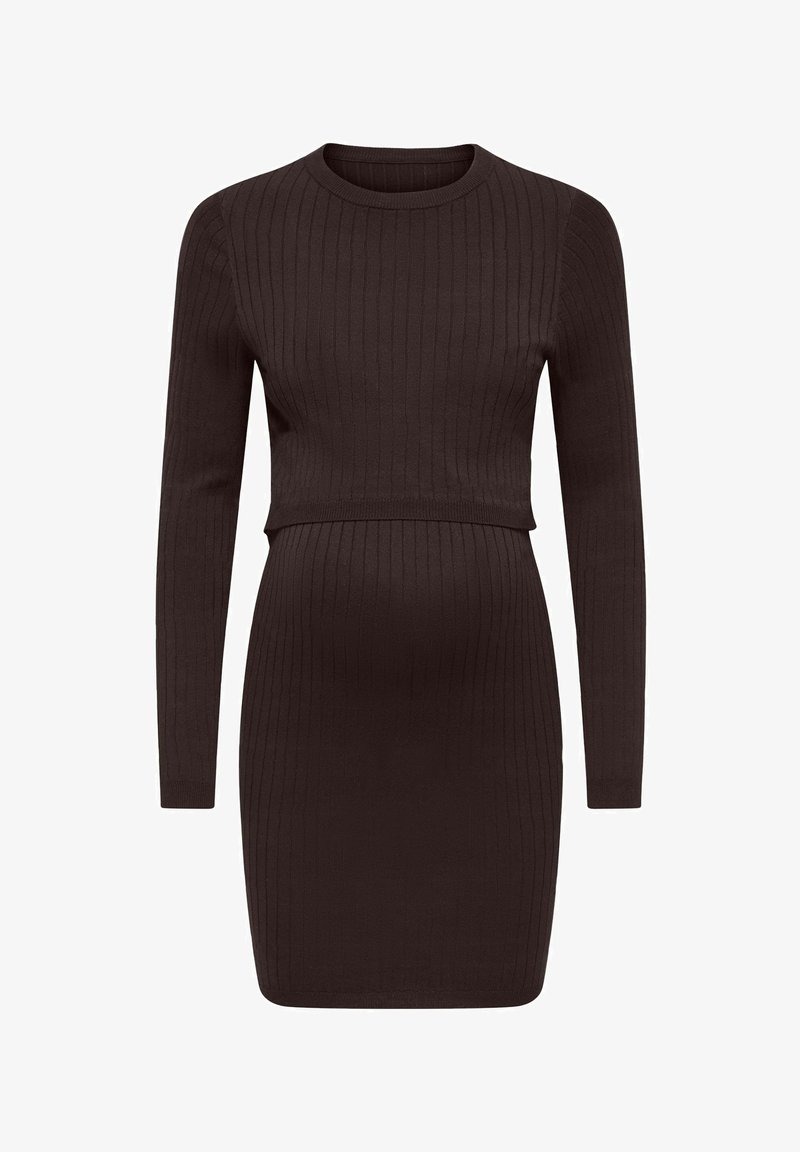 Robe de maternité en maille côtelée marron foncé à manches longues, silhouette ajustée et encolure ronde.