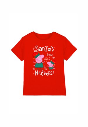 Red cotton t-shirt featuring a graphic of two cartoon pigs wearing elf hats with "Santa's little Helpers!" text in playful font.