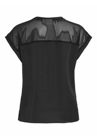 Chemise noire à manches courtes avec un panneau arrière transparent, un col arrondi et une coupe décontractée. Texture lisse avec une légère brillance.