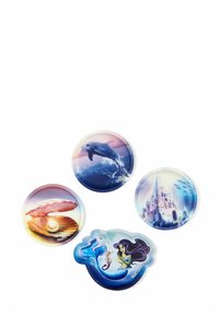 Set of four circular coasters featuring colorful ocean-themed designs: dolphins, a pearl oyster, a castle, and a mermaid.