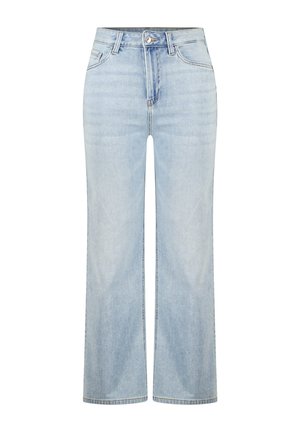 Jean large taille haute bleu clair avec fermeture à bouton et zip, passants de ceinture, poches avant et arrière.