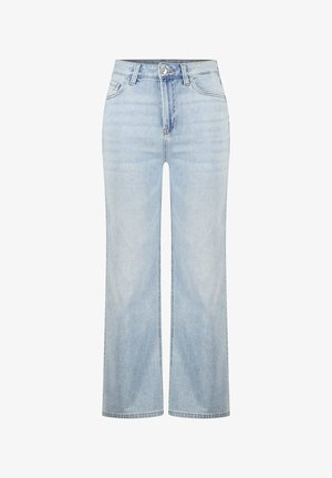 Lichtblauwe high-waist jeans met wijde pijpen, knoop- en ritssluiting, riemlussen en voor- en achterzakken.