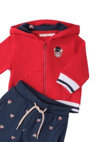 Czerwona bluza z zamkiem błyskawicznym i haftem misia oraz granatowe spodnie z wzorem misiów. Bluza ma białe i granatowe paski na mankietach. Miękka tkanina.