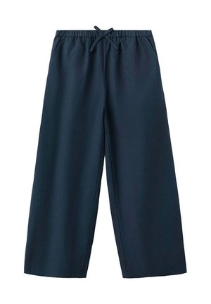 Pantalon bleu marine à jambes larges avec taille élastique et cordon à l'avant, avec poches latérales sur fond blanc.