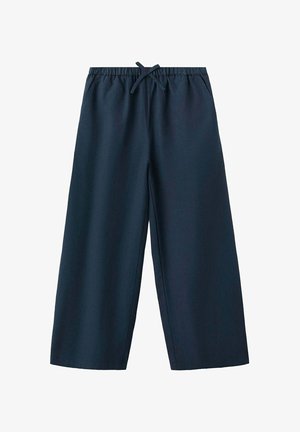 Pantalon bleu marine à jambes larges avec taille élastique et cordon à l'avant, avec poches latérales sur fond blanc.