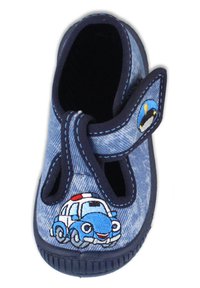 Blaue Jeansschuhe mit einem navyfarbenen Akzent, ausgestattet mit einer stickerei eines lächelnden blauen Polizeiwagens. Klettverschluss für einfachen Zugang. Strukturiertes Gummisohle.